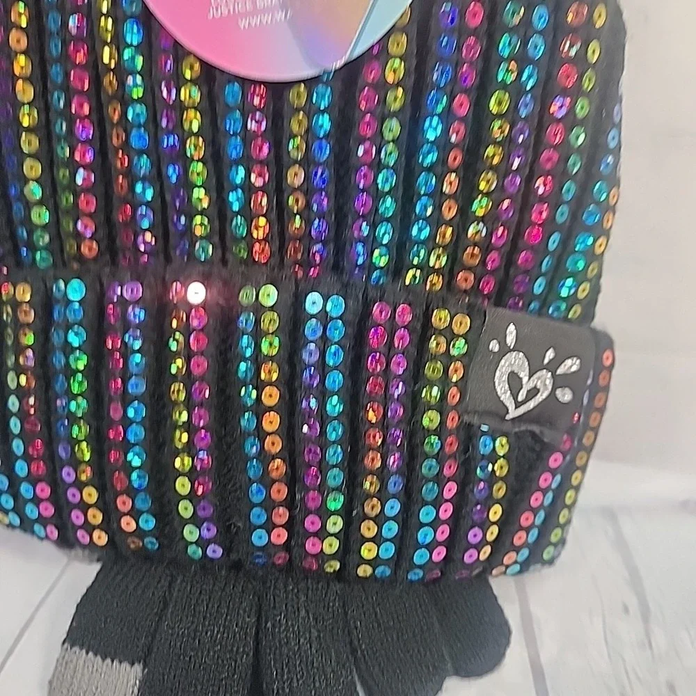 Justice Girls Rainbow Sequin Ribbed Beanie w/ faux fur & Gloves 2-Piece Set BLK